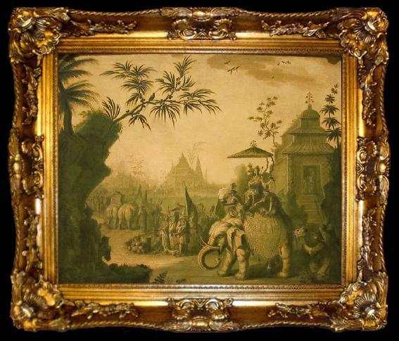framed  Jean-Baptiste Pillement A Chinoiserie Procession of Figures Riding on Elephants with Temples Beyond, ta009-2